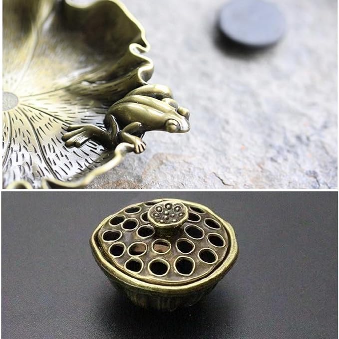 Vintage Bronze Color Mini Lotus & Frog Incense Burner, Cones and Small Coils Holder, Crystal Healing Chakras Energy Meditation Incense Set Aesthetic Home Decor Aromatherapy Ornament