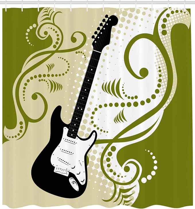 Ambesonne Music Shower Curtain, Electric Bass Guitar with Swirls Background Illustration, Cloth Fabric Bathroom Decor Set with Hooks, 69" W x 70" L, Olive Green White Black