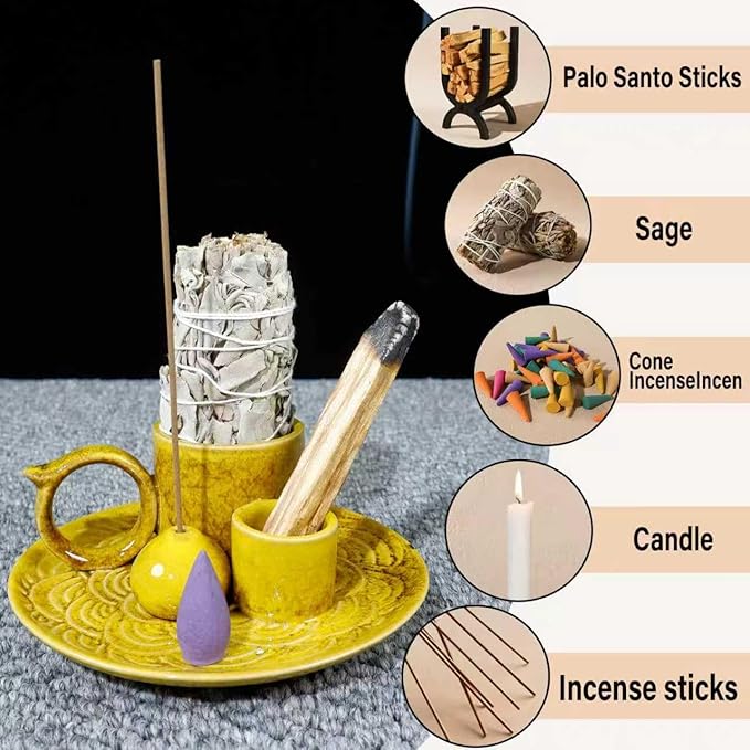 MOUGIGI 5.1-Inch 5-in-1 Yellow Ceramic Incense Holder - Fits Palo Santo, Sage, Incense Sticks/Cones, Small Candle, Smudge Burning Tray.Zen Altar for Meditation/Yoga, Aromatic Scents, Matches Friendly