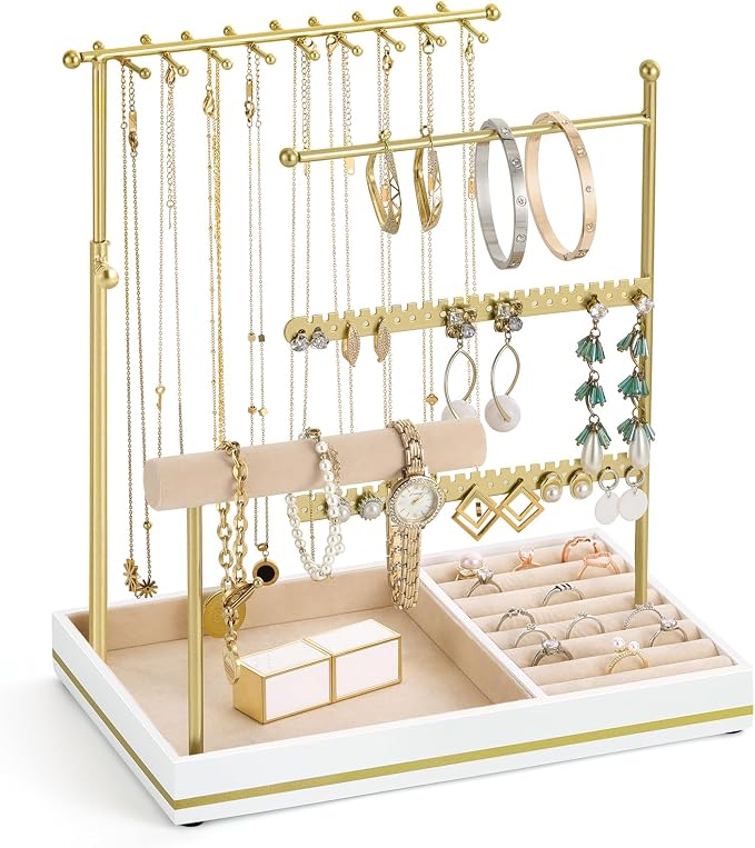 Emibele Jewelry Necklace Holder, 5 Tier Jewelry Organizers and Storage | Earring Bracelet Holder, Jewelry Display with Metal Frame Velvet Ring Tray, Aesthetic Jewelry Stand Gifts for Women, Gold