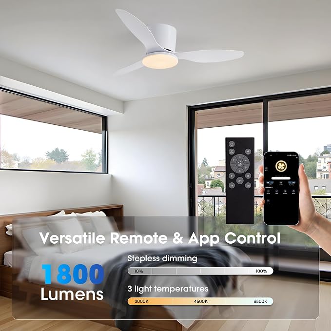 42 Inch Flush Mount Ceiling Fans with Lights and Remote Control, White Low Profile Ceiling Fan for Bedroom, Living Room,Office,Kitchen,Patios Indoor and Outdoor Use