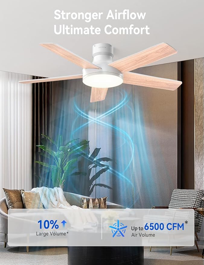 AKOFUN Ceiling Fans with Lights and Remote, Low Profile Ceiling Fan with Light, 6 Speed, Dimmable, DC Motor, Quiet, Timer, Modern LED Ceiling Fan for Bedroom Living Room 44 inch, White