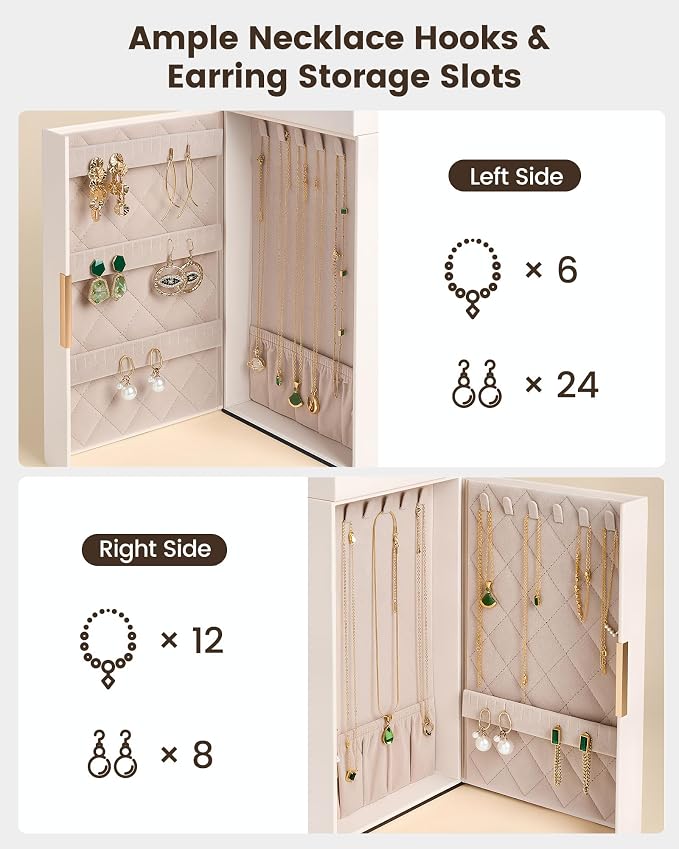 Lolalet Large Jewelry Box Organizer for Women, 8-Layer Jewelry Organizers and Storage Case with Mirror & 7 Drawers, Lockable Watch Ring Earring Bracelet Necklace Holder Girls Gift -8Layer, Beige