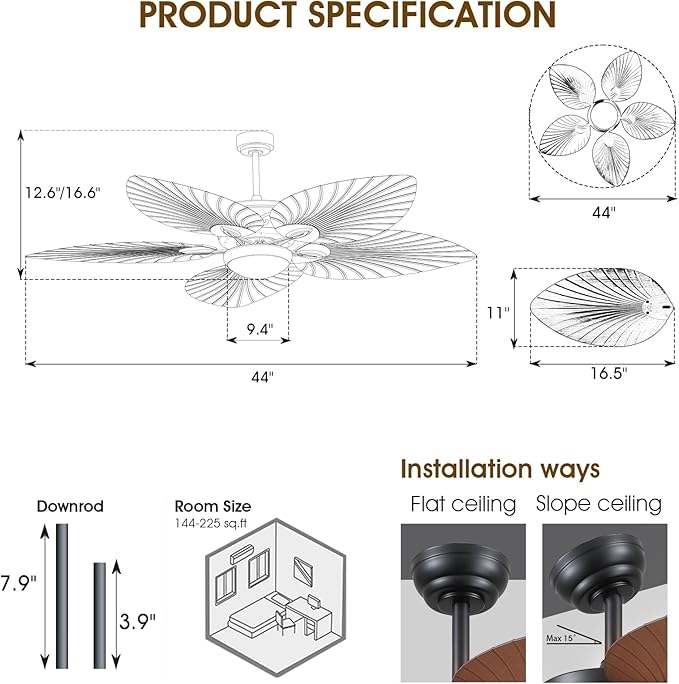 Wiviniya Tropical Ceiling Fans with Lights, 44 Inch Palm Leaf Outdoor Ceiling Fan with Light for Patios Porch Bedroom, Remote/APP Control, Reversible Quiet DC Motor, Dimmable LED, Dark Brown