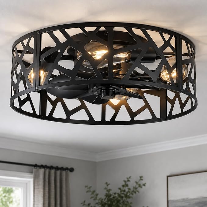 20" Farmhouse Flush Mount Ceiling Fan with Light and Remote, Black Caged Low Profile Fandelier, 6-Speed Reversible Enclosed Ceiling Fan for Bedroom, Kitchen, Small Room