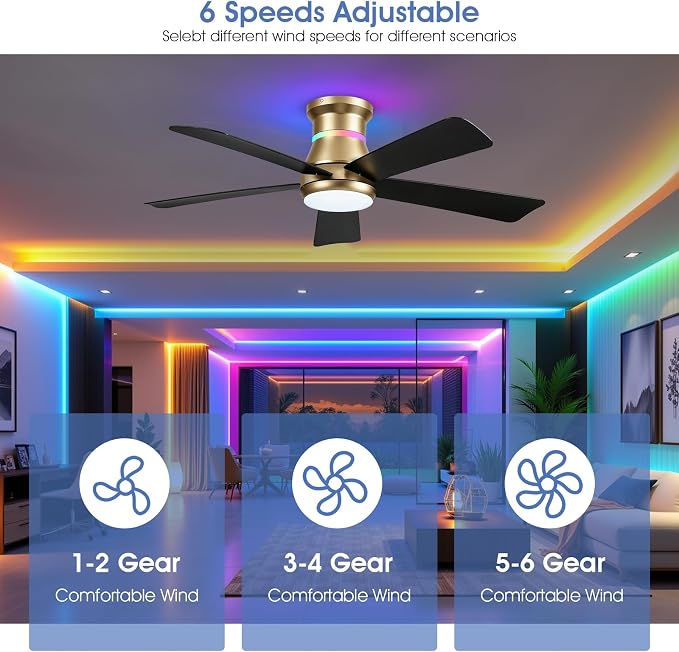 Surtime 46" Ceiling Fans with RGB Lights - Flush Mount Ceiling Fan Light with LED 3CCT Dimmable, Modern Low Profile Gold Ceiling Fan with Reversible Black Blades