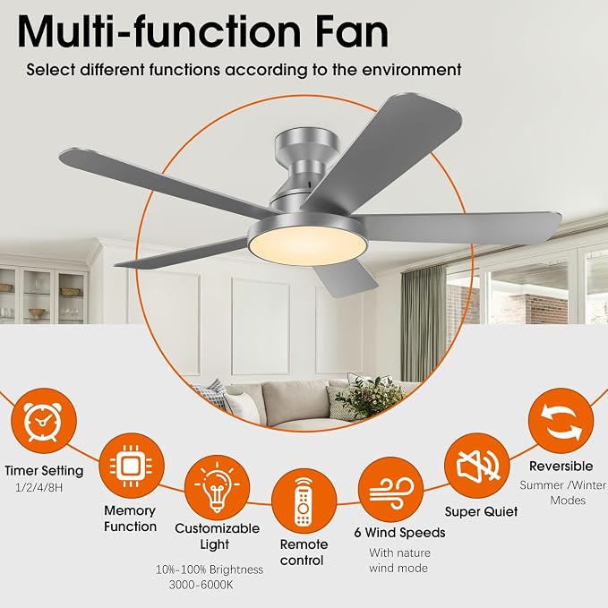 Ceiling Fans with Lights, 46" Low Profile Ceiling Fan with Light, Remote/App Control, Flush Mount Ceiling Fan for Bedroom, Indoor/Outdoor (Silver)