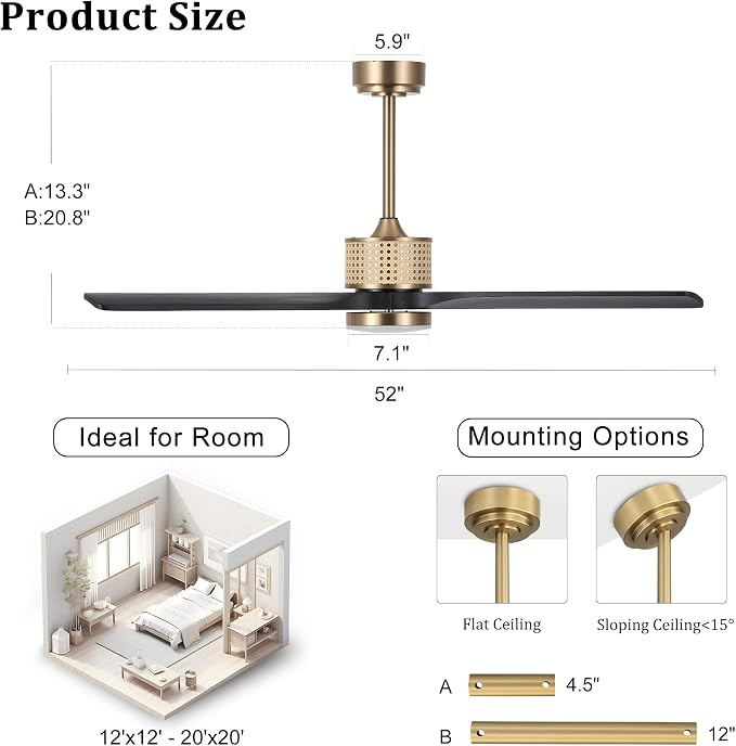 LEDLUX 52" Ceiling Fan with Light – Remote Control, Solid Wood, Quiet Reversible DC Motor, Black/Gold Finish, Includes 4.5"/12" Downrods, Noiseless Ceiling Fan for Bedroom, Living Room, Porch