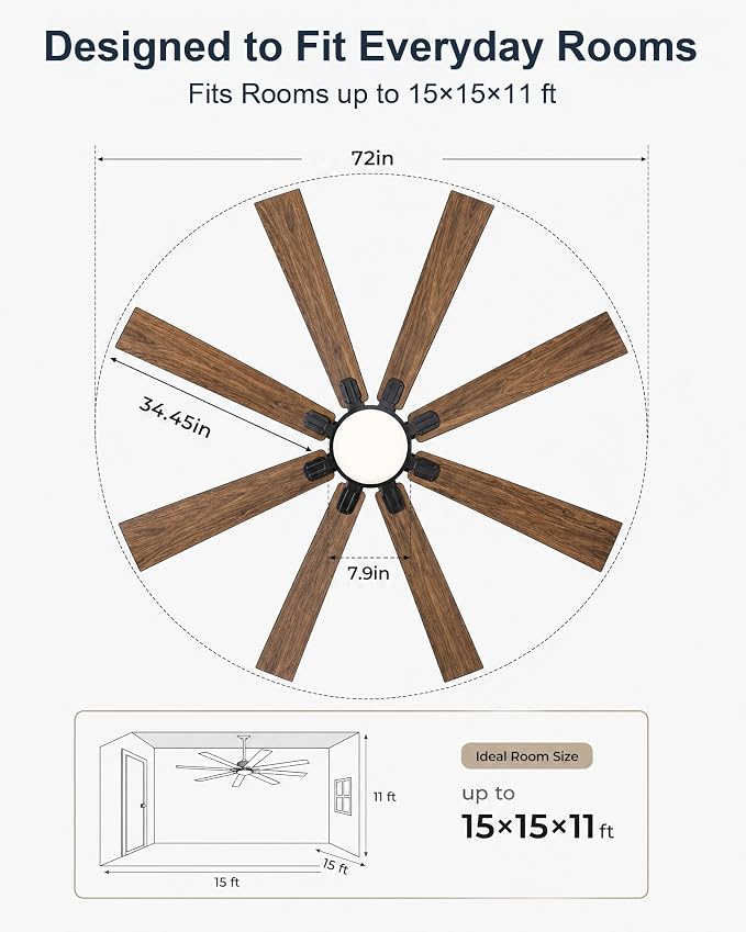 Ceiling Fans with Lights, 72 Inch Brown Indoor Fan with Remote and App Control, Dimmable LED Light, 6 Speeds, Reversible Airflow, Low Noise for Bedroom Living Room Kitchen