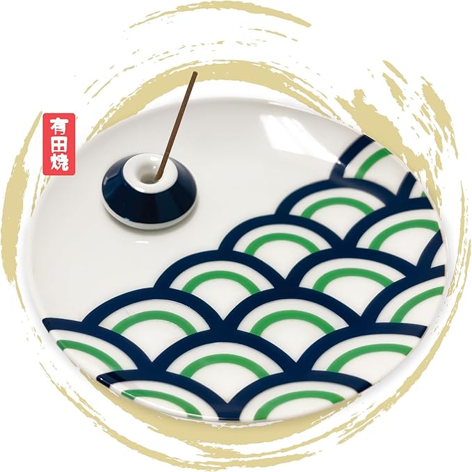 Japanese Arita Ware Incense Plate with Holder - 3.15x0.79 inches, Traditional Wamono Design, Porcelain 小紋柄香皿 (Seigaiha Wave Pattern)