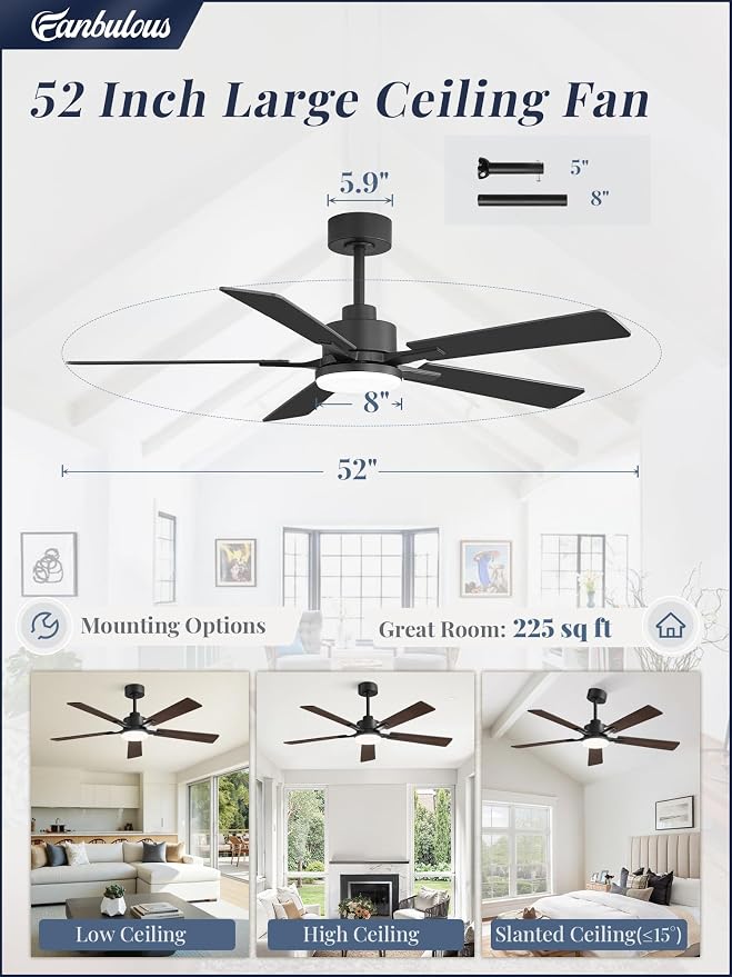 52 Inch Ceiling Fan with Light and Remote, 6 Speeds Reversible DC Motor Ceiling Fans for Bedroom Living Room Patio, 3CCT Dimmable LED, 5 Wood Blades, Downrod Mount, Sloped Ceiling Compatible