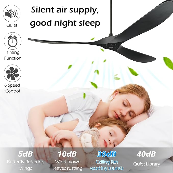Ceiling Fans Without Light, 84 Inch Outdoor Fan No Light, Black Ceiling Fan with Remote, 3 Solid Wood Blades, Quiet Motor, High CFM, Propeller Large Ceiling Fan for Patios,Black