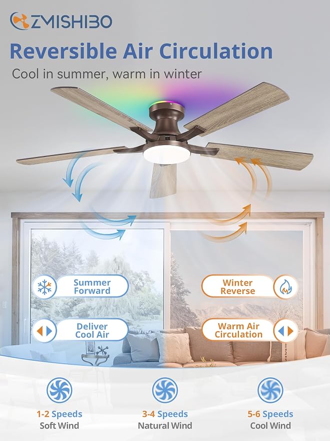 ZMISHIBO 52 Inch Ceiling Fan with RGB Lights, Low Profile Flush Mount with Alexa/App/Remote, Dimmable 20W LED Light, Brown Farmhouse for Living Room, Bedroom, Game Room