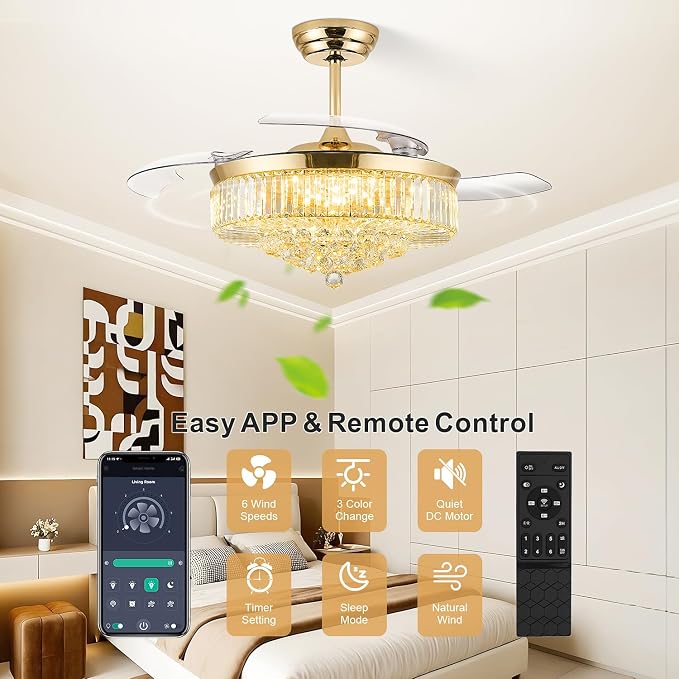 FIDGRA 52 Inch Fandelier Ceiling Fan with Light, Retractable Chandelier Fan, 3 Color Temperature, 6 Wind Speed, Crystal Ceiling Fan for Bedroom Living Room Dining Room-Gold