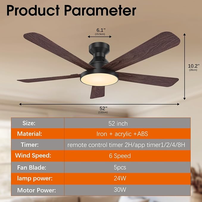 Ceiling Fans with Lights, 52 inch Low Profile Ceiling Fan with Light, Remote/App Control, Flush Mount Black Ceiling Fan for Bedroom, Indoor/Outdoor (Dark Wood)