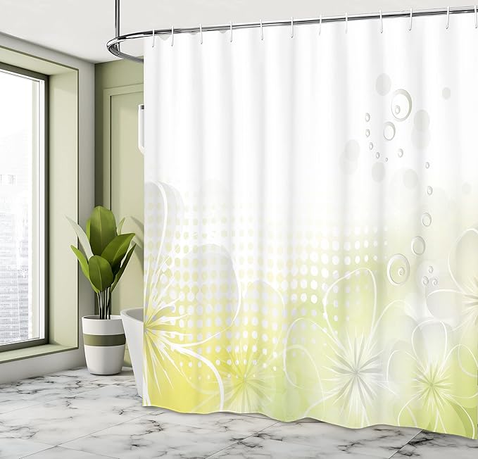 Ambesonne Grey and Yellow Shower Curtain, Abstract Grunge Design Water Bubbles and Flowers Image, Cloth Fabric Bathroom Decor Set with Hooks, 69" W x 75" L, Pale Yellow Pale Grey