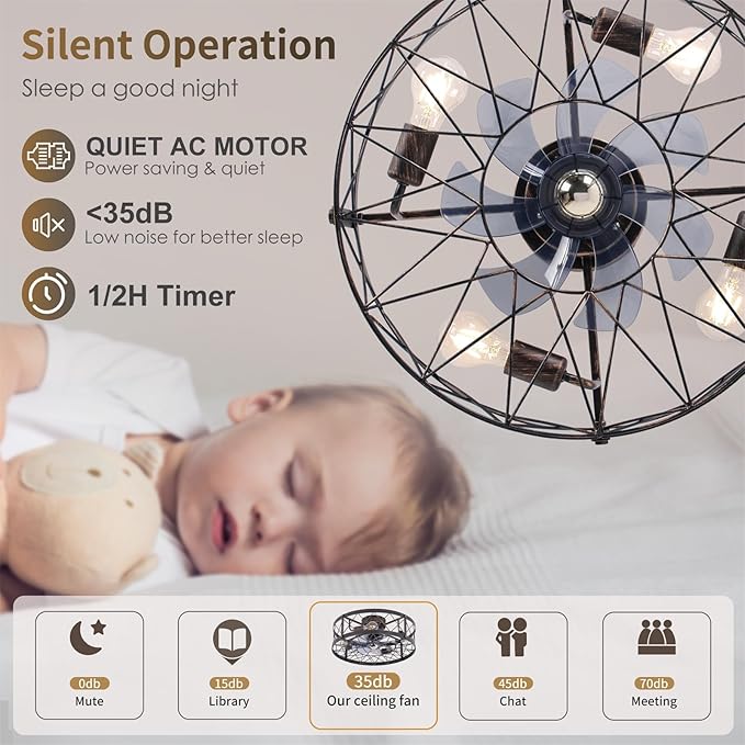 24" Farmhouse Flush Mount Caged Ceiling Fans with Lights, Rustic Low Profile Ceiling Fan with Light and Remote, Reversible DC Motor Bladeless Enclosed Ceiling Fan for Bedroom Laundry Room Kitchen