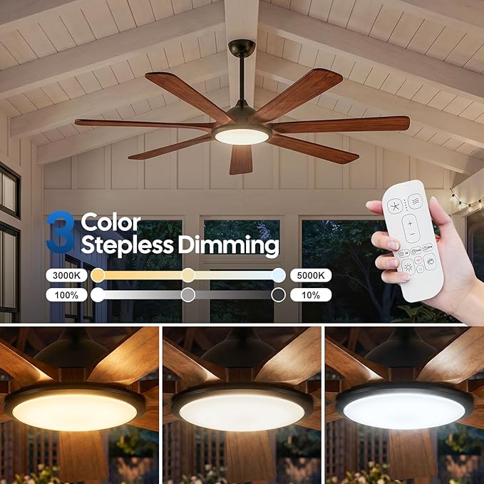 72 inch Solid Wood Smart Ceiling Fan with Lights, Alexa Voice Control,Modern Rustic Farmhouse Outdoor 7-Blade Ceiling Fan for Large Room Patio Gazebo, Damp Rated high air volume, DC motor