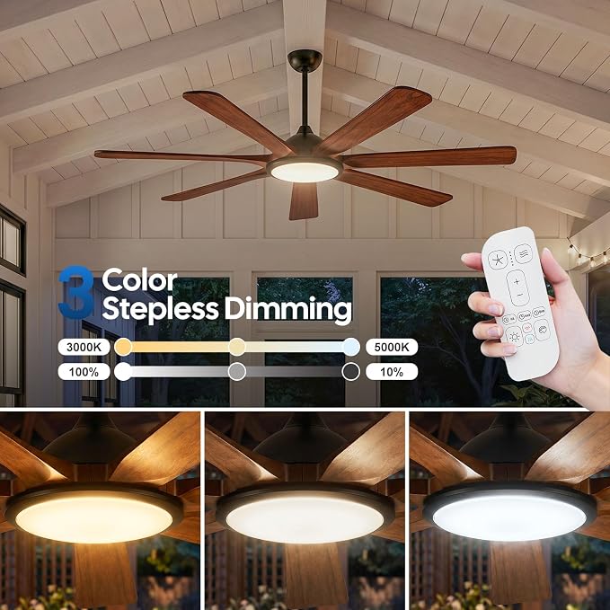 60 inch Ceiling Fan with Light, Farmhouse Rustic 7 Solid Wood Blades, Indoor Outdoor Fan Work with Alexa/Gg Voice Control/App/Remote, Ultra Quiet DC Motor, ETL Listed 9321 CFM High Airflow