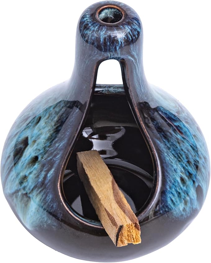 Palo Santo Holder Ceramic Incense Burner for Palo Santo Sticks and Cones Burning, Mini Chiminea Incense Burner Holder for Yoga Spa Aromatherapy Meditation, Home Office Decor (1, Blue)