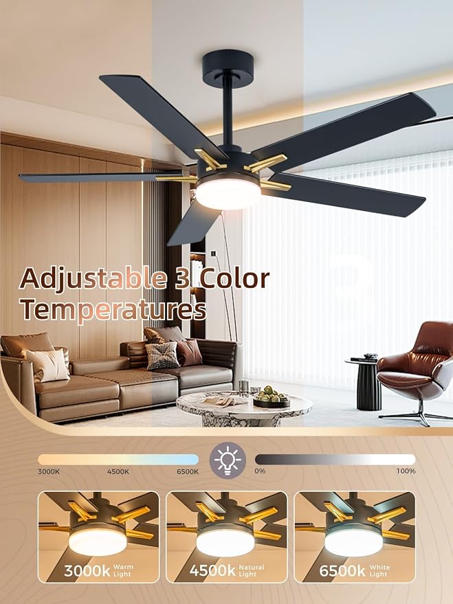LANMEL 52 Inch Ceiling Fans with Lights, App&Remote Control, Low Profile Modern Ceiling Fan, 6 Speed, Reversible, 3000k-6500k Dimmable LED, Quiet DC Motor for Indoor Outdoor Use, Gold Black