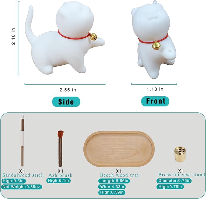 Cute Ceramic Cat Incense Stick Holder, Incense Burner Set, Large Beechwood Ash Catcher Copper Incense Stand Incense Sticks Brush, Meditation Yoga Massage Work Read Home Decor (A, A-White)