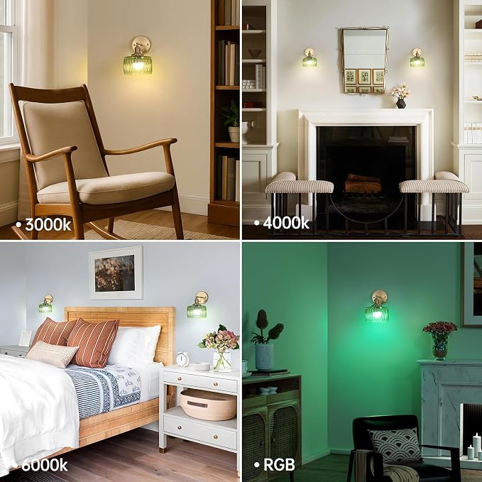 Shenmoyl Vintage Battery Operated Wall Sconce with Green Striped Glass Lampshade 5000 mAh Rechargeable Battery Powered Wall Light with Remote Control for Bedside Bedroom Doorway, Set of 2