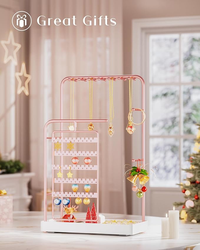 ProCase Jewelry Stand Holder Organizer and Storage, Rosegold (No-Assembly) | Rotating Earring Bracelet Holder Storage, Hanging Jewelry Display Velvet Ring Tray, Teen Girls Birthday Gifts Room Dorm Decor