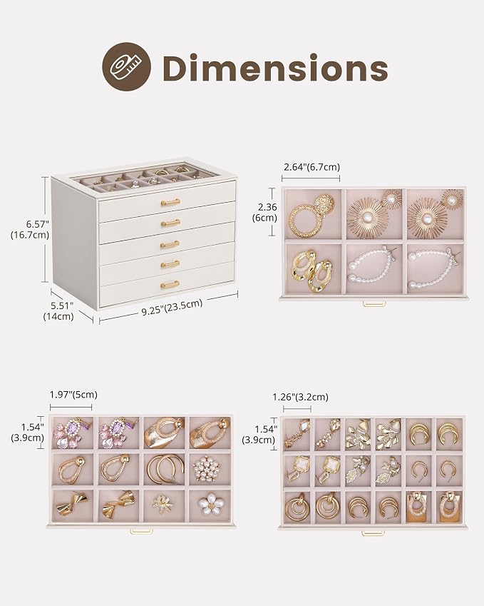 Lolalet Earring Organizer, Jewelry Box with Clear Lid -Beige, 5 Layer | PU Leather, Velvet, Removable Dividers, Dustproof, Easy Clean, For Studs Rings, Gift for Women Girls, Home Aesthetic Decor