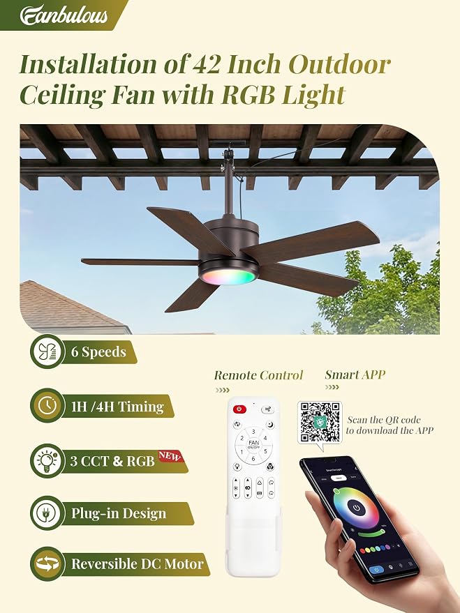 Fanbulous 42" Outdoor Ceiling Fans with Lights, APP Remote Control, IP65 Waterproof, RGB Dimmable Light, Plug-and Play,10FT Cord, 6-Speeds, 3CCT, Hook Hanging Fan for Gazebo Patio Canopy(Oil-Bronze)