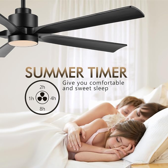ELEHINSER 52" Modern Ceiling Fan with Light and Remote Control, 5 Solid Wood Blades 6-Speed Noiseless Reversible DC Motor, Ceiling Fan for Bedroom Dinning Living Room, Black