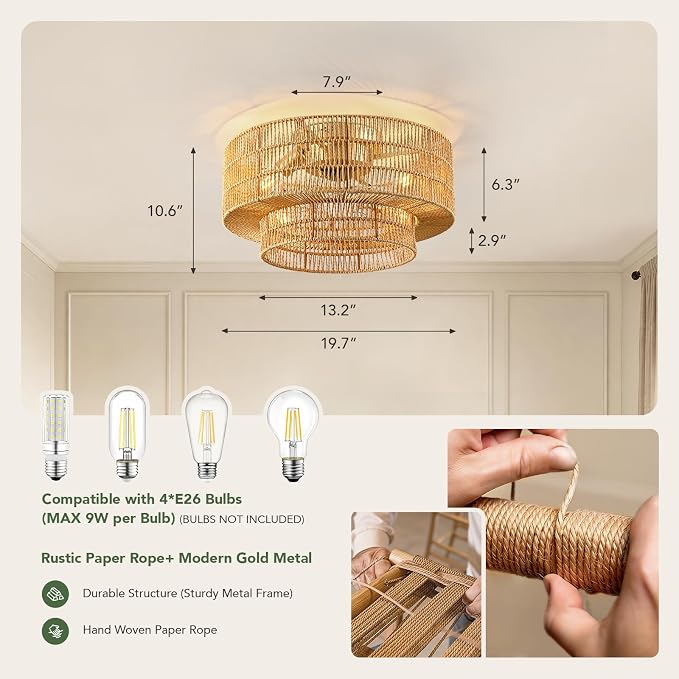20" Boho Caged Ceiling Fan Light with Remote, Rattan Fandelier Ceiling Fan | Flush Mount Ceiling Fan, 6 Wind Speeds, Reversible, Enclosed Ceiling Fan for Bedroom, Living Room, Dining Room, Nursery