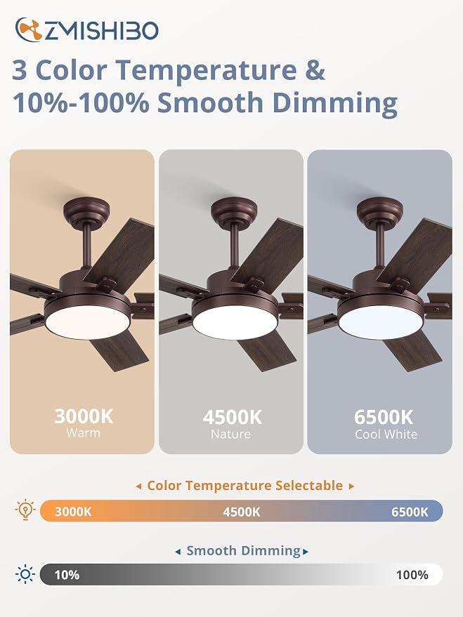 ZMISHIBO 42" Ceiling Fans with Lights, Smart Remote/APP Control, Farmhouse Ceiling Fan with 6 Speeds & 3CCT, Dimmable 30W LED, Quiet DC Motor, Noiseless for Living Room, Bedroom, Kitchen, Oil Bronze