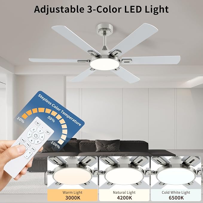 52 Inch Ceiling Fan with Light, 6 Wooden Blades, Brushed Nickel | Remote Control,Reversible Quiet DC Motor, 6-Speed, 3CCT Dimmable LED, Timer for Living Room, Bedroom, Office