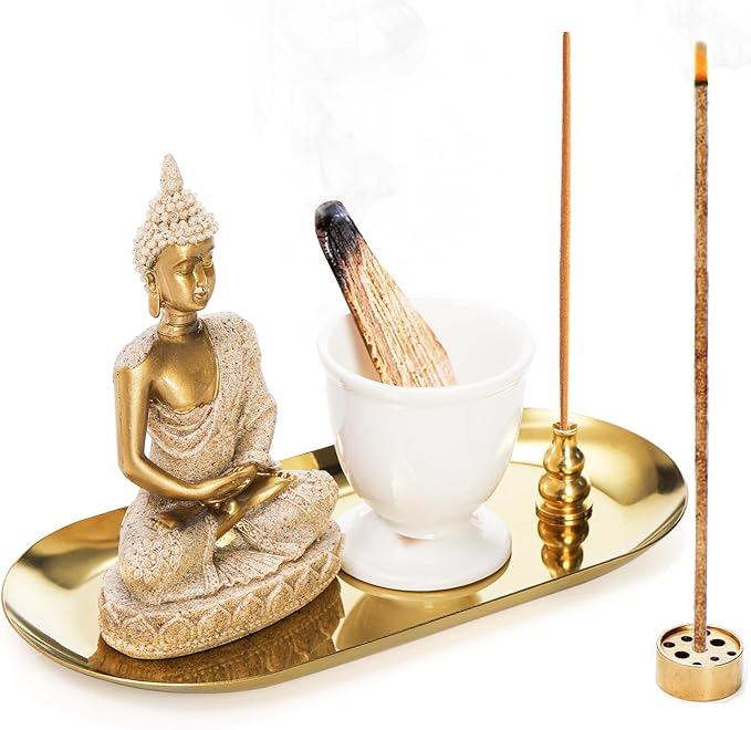TOPZEA 6 in 1 Brass Incense Burner Holder, Palo Santo & Sage Sticks Holder, Ash Catcher Tray with Buddha Statue for Coil Incense, Incense Cone & Stick, Meditation Accessories, Yoga Room Decor