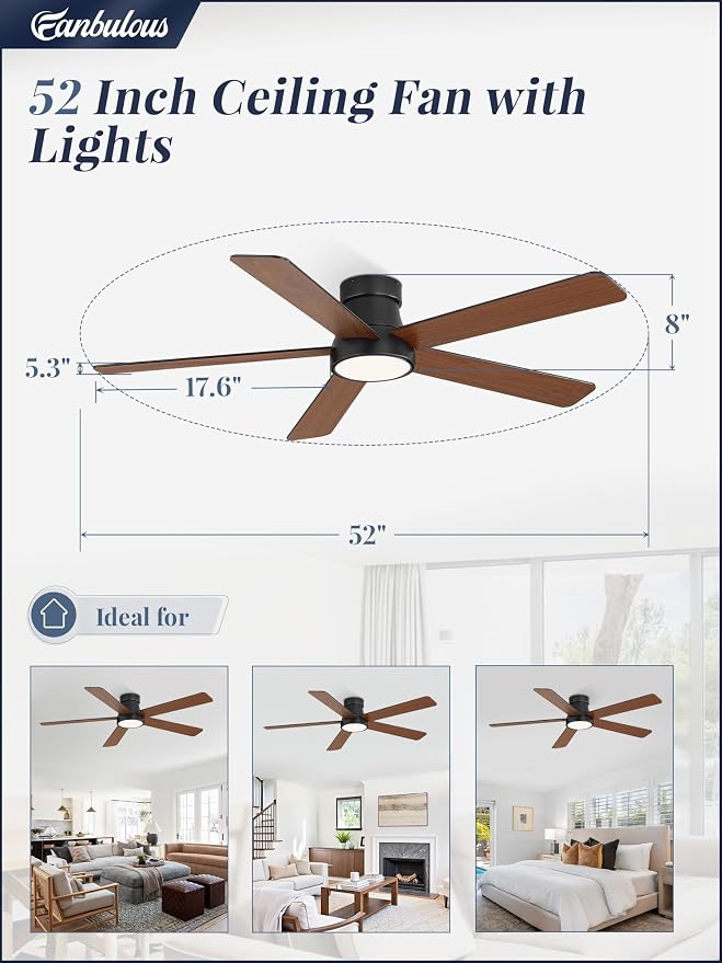 Fanbulous 52 Inch Ceiling Fans with Lights and Remote,Outdoor Indoor Modern Flush Mount Ceiling Fan with 3CCT 6-Speed Quiet DC Motor,Black Small Low Profile Ceiling Fan for Bedroom Living Room Office