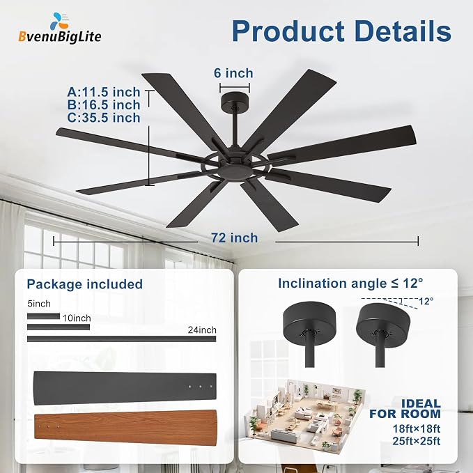 Large Ceiling Fan No Light: Modern 72 Inch 8 Blade Outdoor Ceiling Fans with Remote APP Control - Black Big Fan without Light Indoor Reversible 6 Speed Quiet DC Motor