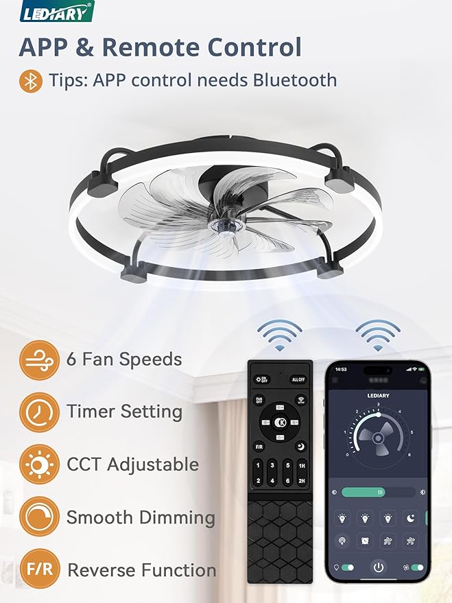 LEDIARY 2 Pack Ceiling Fans with Lights and Remote, 24'' Low Profile Ceiling Fan with Light, 3000-6000K Dimmable Fandelier LED Fan Light, 6 Wind Speeds, Black Flush Mount Ceiling Fan for Bedroom