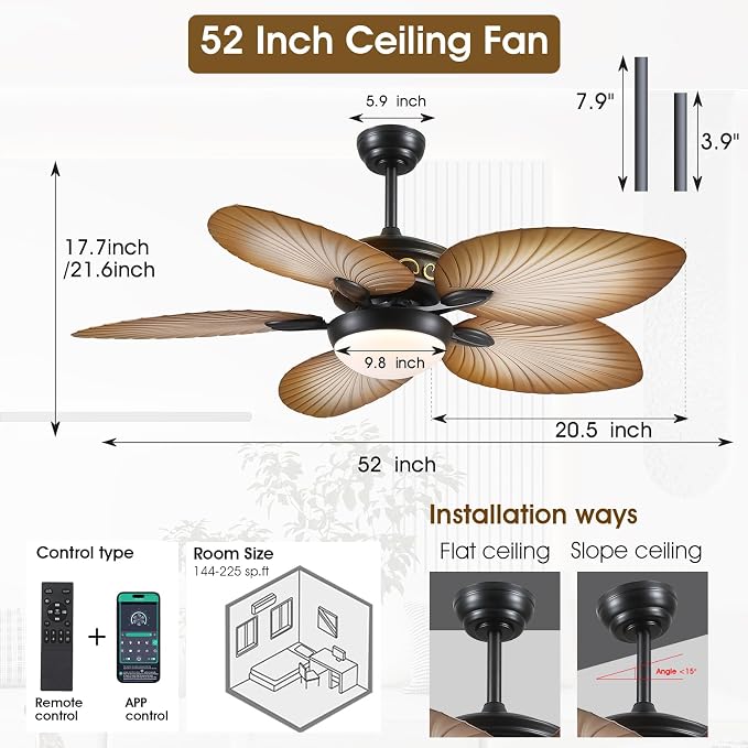 Wiviniya 52 Inch Tropical Ceiling Fans with Lights, Palm Leaf Outdoor Ceiling Fan with Light for Patios Porch Bedroom, Remote/APP Control, Reversible Quiet DC Motor, Dimmable LED, Wood Grain