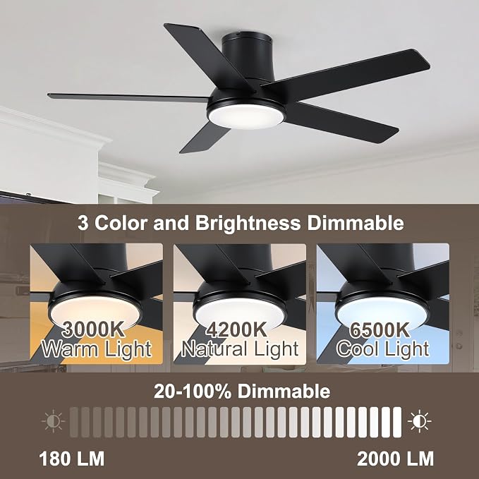 52 Inch Pro Black Flush Mount Ceiling Fans with Lights and Remote | 3CCT Dimmable LED, 6 Speed, Quiet DC Motor, 3-Level Timer Function, Forward/Reserve For all Seasons, Indoor/Covered Outdoor