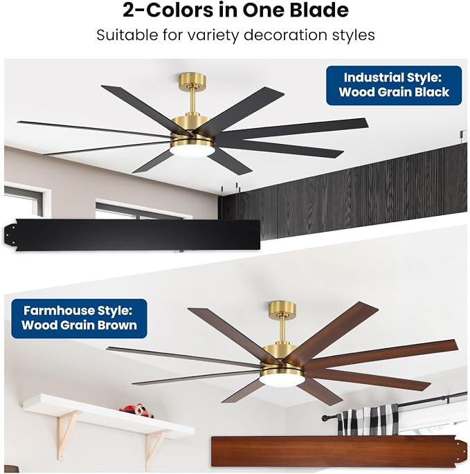 72 Inch Ceiling Fans with Lights and Remote, Dual Color 8 Blades, Living Room Office Library Cafe Indoor Outdoor Industrial, 3CCT Dimmable, 6 Speed Reversible Quiet DC Motor, Gold/Wood Grain