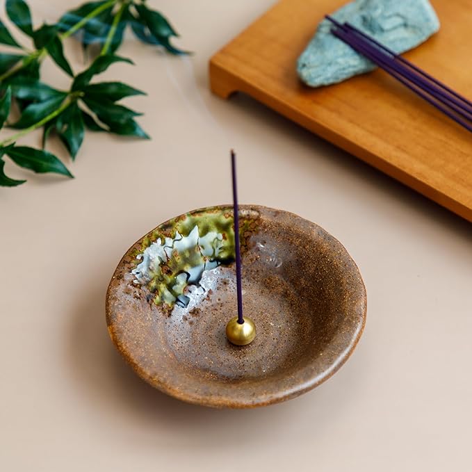 Asayu Japanese Small Incense Holder for Sticks 4.88 inch (124mm), Traditional Made in Japan Ceramic Ash Catcher and Brass Incense Burner Set - Brown