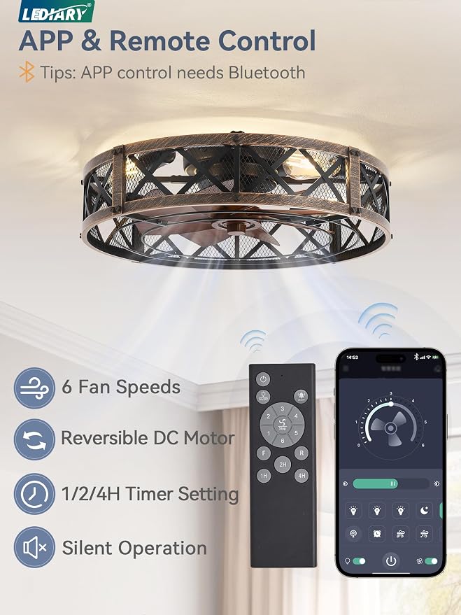 LEDIARY 23" Caged Ceiling Fan with Light, APP&Remote Control, Large Flush Mount Farmhouse Fan Lights, Low Profile Rustic Bladeless Ceiling Fan Fixtures for Bedroom, Kitchen-Black Gold Color