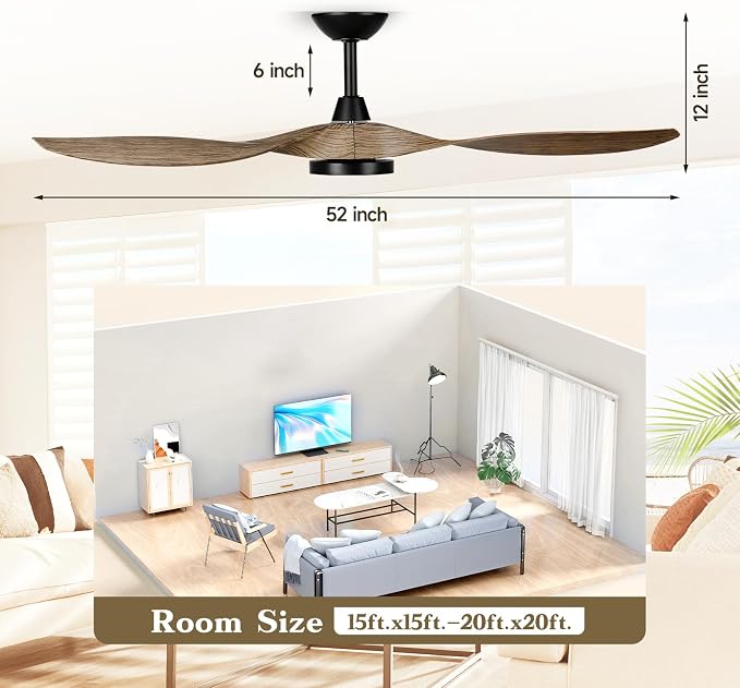 Roomratv Ceiling Fans with Lights,52 Inch,Quiet & Strong Motor,6 Speeds,3CCT,Timer,Easy to Install,Black Modern Ceiling Fan for Living Room,Bedroom,Kitchen,Office,Farmhouse,Patios