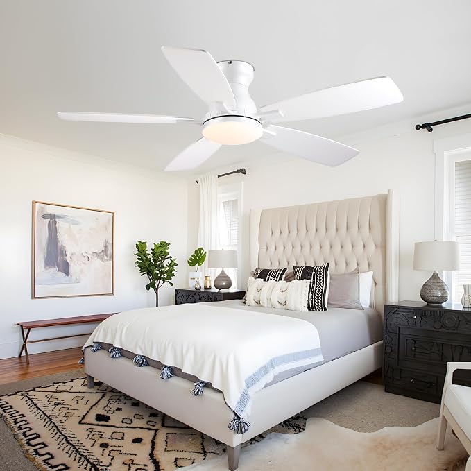 JSAITEE 46 Inch Low Profile Flush Mount Ceiling Fan with Lights, Black | Flush Mount Low Profile Ceiling Fan with DC Motor, 6 Speeds 3CCT Dimmable, Modern Indoor Fan Light Fixtures