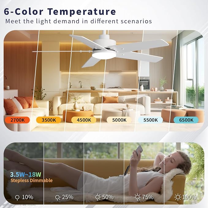 42 Inch Ceiling Fans with Lights and Remote for Bedroom Living Room Kitchen Home Office Indoor/Outdoor, 6CCT Dimmable, Dual Color 5 Blades, 6 Speed Reversible Quiet DC Motor, White/Wood Grain