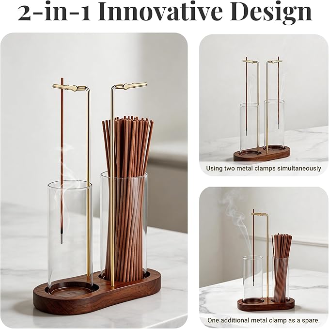 Glass Incense Holder, 2 in 1 Hanging Incense Burner Holder with Ash Catcher & Storage | Cute Boho Decor for Meditation, Yoga, Spa | Stick Incense Holder, Censer, Incense Tray Alternative (Walnut)