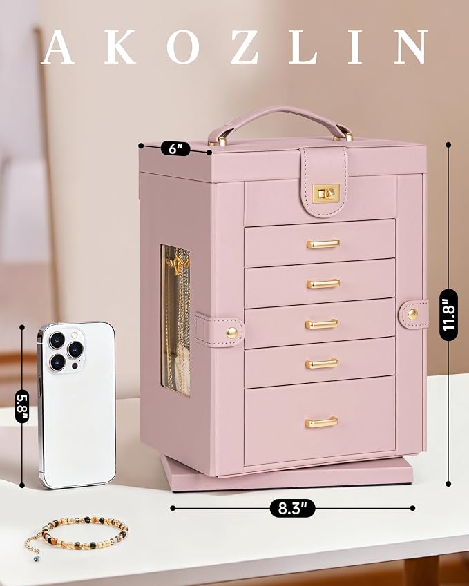 AKOZLIN 6-Tier Jewelry Box Organizer Functional 5 Drawers Leather Jewelry Storage Case for Women Girls Ring Necklace Earring Bracelet Holder Organizer with Mirror Pink 360° Rotating