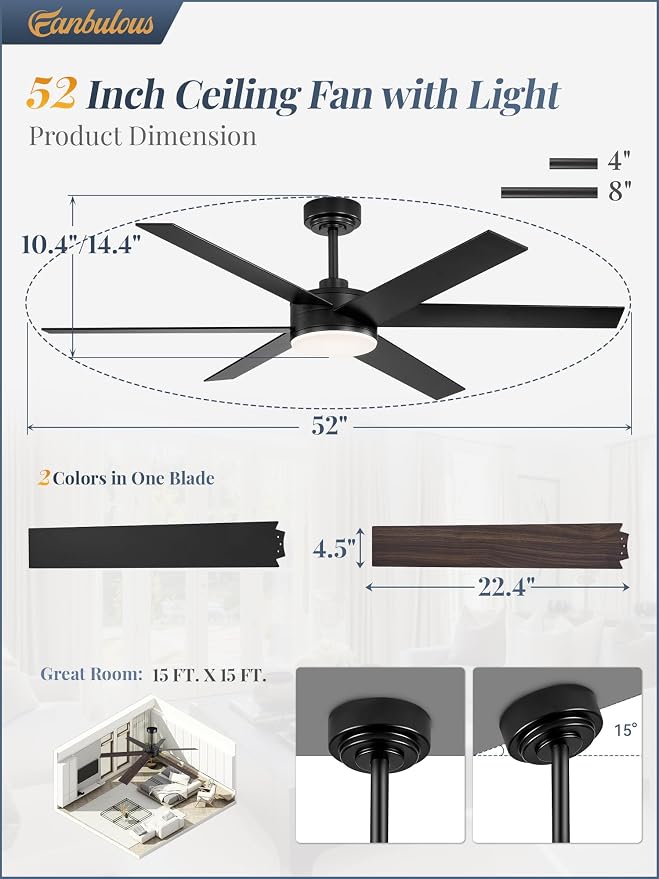 Fanbulous 52 Inch Ceiling Fans with Lights and Remote, Reversible 6 Blades, Dimmable, 3000K-6000K Adjustable, Outdoor Ceiling Fans for Patios, Large Ceiling Fan for Indoor or Covered Outdoor, Black