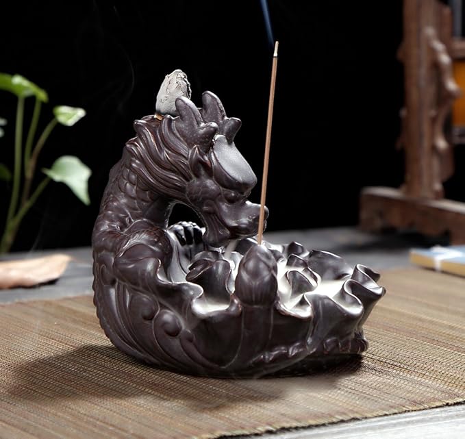 OTOFY Handmade Ceramic Incense Holder, Backflow Incense Burner Figurine Incense Cone Holders Home Decor Gift Decorations Statue Ornaments (Auspicious Dragon)